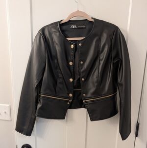 Zara Black Leather Jacket with Gold Accents